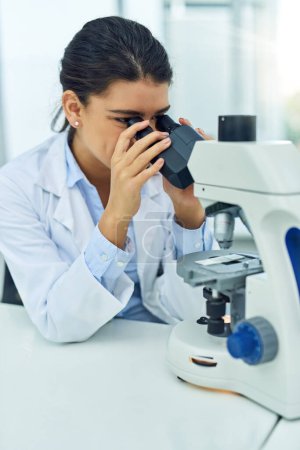 Photo for Research, woman and scientist with microscope in laboratory for medical study. Healthcare, science and female doctor with scope equipment for experiment analysis, particle test and investigation - Royalty Free Image