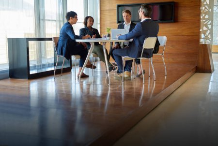 Photo for Professional, teamwork and conversation with strategy in conference room with manager at office. Discussion, business and group with meeting or brainstorming or planning at company for project - Royalty Free Image