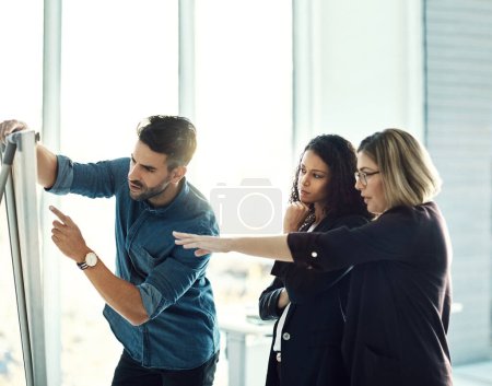 Photo for Brainstorming board, gesture and business people planning discussion, research meeting or working on innovation. Teamwork talk, group cooperation and team conversation on strategy, ideas or moodboard. - Royalty Free Image
