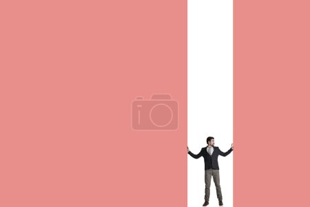 Photo for What to do when life starts closing in on you. a businessman caged in against a pink background - Royalty Free Image