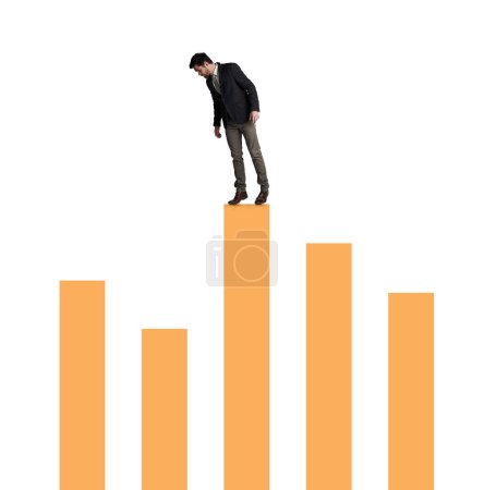 Photo for Stay alert, stocks dont stay the same forever. a businessman balancing on top of a graph against a white background - Royalty Free Image