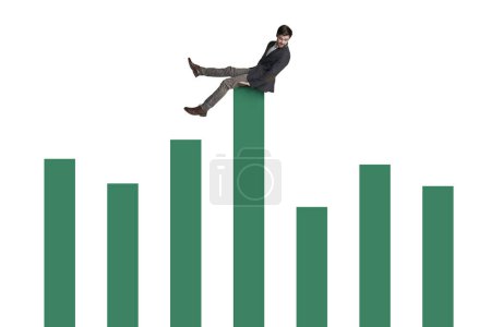 Foto de Montar la ola de una recesión. un hombre de negocios equilibrándose en la parte superior de un gráfico sobre un fondo blanco - Imagen libre de derechos