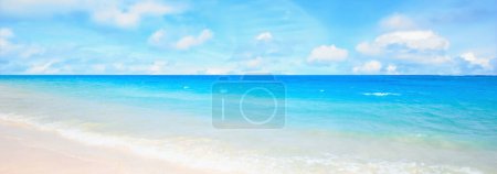Photo for Sea, blue sky and landscape with beach and travel, white sand and summer vacation outdoor in Hawaii. Environment, horizon and seaside location with tropical destination and journey on island. - Royalty Free Image