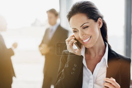 Photo for Corporate woman, phone call and thinking in office lobby for online networking, happy communication and news feedback. Ideas, smile and solution of business person or employee talking on mobile chat. - Royalty Free Image
