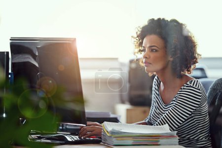 Photo for Computer, thinking and business woman in office for research, creative and planning. Focus, professional and technology with female employee on digital agency for startup, email and website designer. - Royalty Free Image