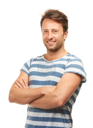 Photo for Crossed arms, fashion and portrait of man on a white background with confidence, happy and pride in studio. Smile, confident and isolated handsome male person with trendy, stylish and casual clothes. - Royalty Free Image