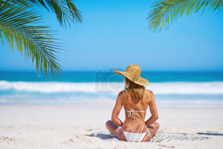 Foto de Maqueta tropical, playa y espalda de mujer en la isla en la arena para la aventura, vacaciones y vacaciones en Mauricio. Viaje, océano y persona femenina relajarse en bikini por mar para el turismo, viajes y escapadas. - Imagen libre de derechos