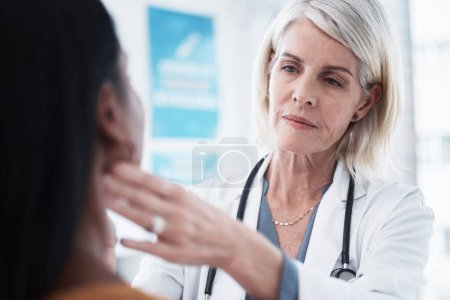 Photo for Consulting, throat and woman with doctor in hospital for sick, thyroid cancer or test. Healthcare, medicine and virus with medical physician and checking patient tonsils for emergency and injury. - Royalty Free Image