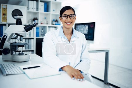 Photo for Science, laboratory and portrait of woman with notebook for medical research, analysis and writing notes. Healthcare, biotechnology and female scientist with microscope for study, sample and test. - Royalty Free Image