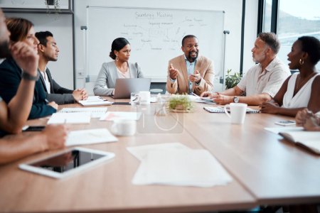 Photo for Business people, teamwork and meeting for strategy, planning or corporate brainstorming discussion at office. Group of employees in team collaboration or communication in conference at the workplace. - Royalty Free Image