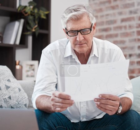 Photo for Senior man, reading documents and financial planning, savings and graphs in home. Retirement, paperwork and male person with invoice, pension or insurance, finance and asset management for investment. - Royalty Free Image