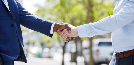 Photo for Black man, hiring or businessman shaking hands in city for b2b negotiation or contract agreement. Handshake, thank you or zoom of manager meeting, networking or partnership deal opportunity outdoors. - Royalty Free Image