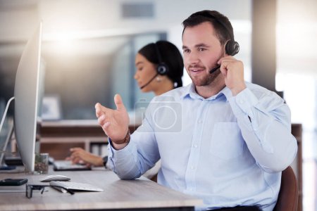Photo for Call center, consulting and business man in office for communication, customer service or help desk. Telemarketing, sales and advice with male employee for commitment, contact us and hotline. - Royalty Free Image