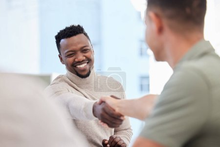 Photo for Men, handshake and partnership, success in interview with onboarding, promotion and working together. Collaboration, professional team and business people shaking hands in office, hiring and welcome. - Royalty Free Image