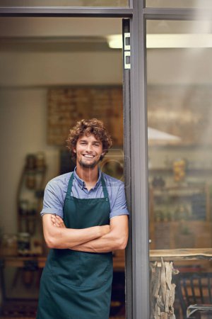 Photo for Management, arms crossed and portrait of man at restaurant as small business owner, coffee shop or waiter. Entrepreneur, happy and smile with professional male barista at front door of cafe and diner. - Royalty Free Image