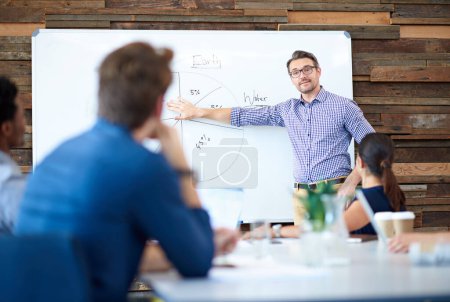 Photo for Presentation whiteboard, teamwork and business man speech, discussion or collaboration on pie chart. Strategy meeting, project results and team leader, speaker or person speaking to workforce group. - Royalty Free Image