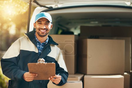 Photo for Happy, delivery and checklist with portrait of man for courier, logistics and shipping. Ecommerce, export and distribution service with male postman by van for mail, package and cargo shipment. - Royalty Free Image