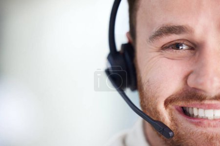 Photo for Space, call center and portrait of business man for consulting, customer service and mockup. Contact us, help desk and closeup with face of employee in office for communication and telemarketing. - Royalty Free Image