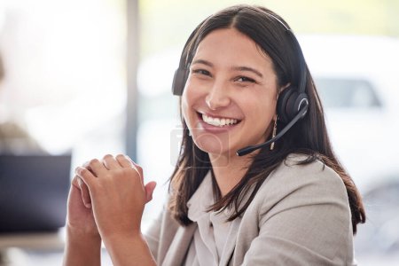 Photo for Portrait, woman and happy call center worker with headset, smile and professional mindset for customer service, support or help. Face, person and working in telemarketing, crm or online consulting. - Royalty Free Image