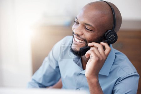 Photo for Call center, black man and happy agent working on computer in the office, business in telemarketing or customer service. Businessman, face with smile and crm, conversation with client on help desk. - Royalty Free Image