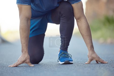 Photo for Man, start running and fitness outdoor, cardio and health with exercise in road, athlete hands and active life. Sport, running sneakers and male person ready for workout with run and training outside. - Royalty Free Image