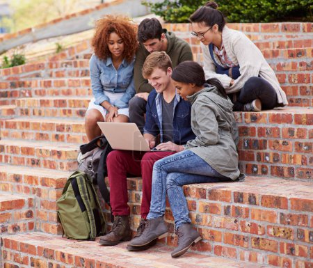 Photo for Computer, studying and group of people outdoor for university learning, teamwork and collaboration on stairs. Happy diversity students, youth or friends on college campus, laptop and online education. - Royalty Free Image