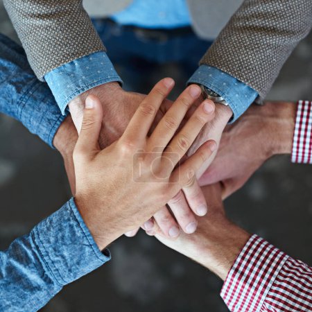 Photo for Top view, collaboration and hands together for teamwork, team building or solidarity. Cooperation, hand huddle and group of people with motivation, trust or support for community goals in partnership. - Royalty Free Image