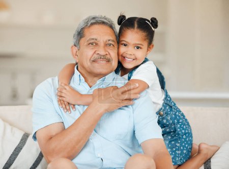 Photo for Family, grandfather and grandchild hug with smile in portrait, happiness and bonding at home. Love, care and trust with elderly man and happy young child with embrace, affection and living room couch. - Royalty Free Image