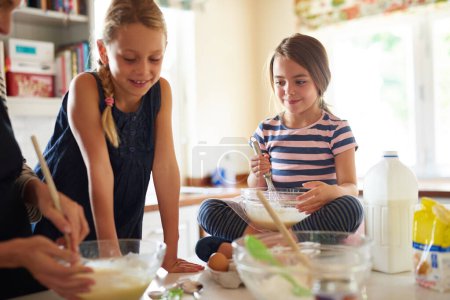 Photo for Mother, teamwork or happy kids baking in kitchen as a family with siblings learning cookies recipe at home. Girl, baker or mom helping or teaching children to bake in stove for child development. - Royalty Free Image