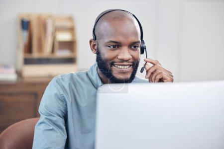 Photo for Black man, call center and microphone with smile, listening computer in customer service job at office. African male consultant, headset and happy at telemarketing agency, contact us and tech support. - Royalty Free Image