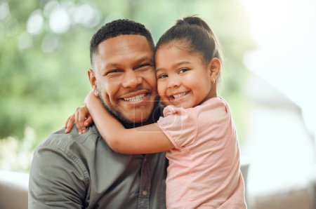 Photo for Family, father hug daughter and smile in portrait with bonding, love and care, happiness at home. Happy man with young girl and affection in relationship, people relax together with bond and trust. - Royalty Free Image