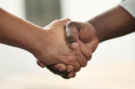 Closeup, businesspeople with handshake, cooperation and collaboration with partnership, agreement or teamwork. Zoom, coworkers or staff shaking hands, career and promotion with opportunity and goal.