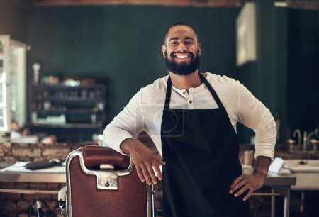 Photo for Barber shop, hair stylist smile and black man portrait of an entrepreneur feeling happy. Salon, professional worker and male person face with happiness and proud from small business and beauty parlor. - Royalty Free Image