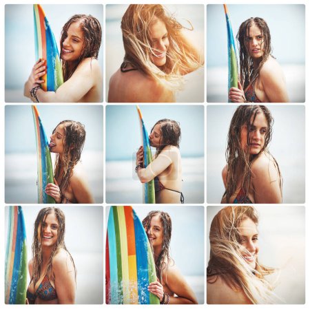 Foto de Es una surfista de pelo arenoso. Foto compuesta de una joven surfista feliz posando con su tabla de surf en la playa - Imagen libre de derechos