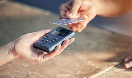 Photo for Closeup, hands of person with credit card and wireless pay machine for payment. Subscription or cashier, digital transaction or promotion and customer paying membership with bank information. - Royalty Free Image