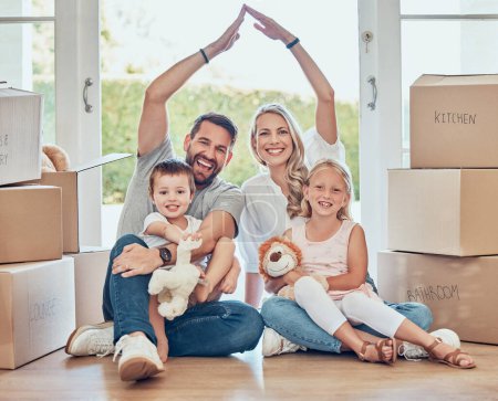 Photo for Portrait of happy family, new home and roof for security, safety and future investment in real estate. Moving, boxes and happiness, mom and dad with kids in house with insurance for property mortgage. - Royalty Free Image