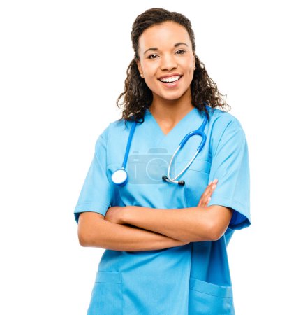 Photo for Healthcare, portrait of woman nurse and smile against a white background with stethoscope. Health wellness, medical and African female doctor or surgeon smiling against studio backdrop for happiness. - Royalty Free Image