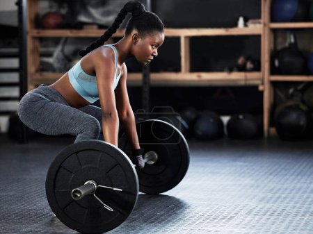 Photo for Deadlift, barbell or strong girl training, exercise or workout for powerful arms or muscles for body fitness. Power lifter, strength or black woman athlete lifting weights or exercising biceps in gym. - Royalty Free Image