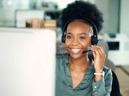 Photo for Call center, smile of black woman and computer for telemarketing, customer service or business in office. Contact us, crm and happy African female sales agent, support consultant or professional - Royalty Free Image