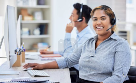 Photo for Call centre, portrait and woman smile for telemarketing, customer service or support. Face, contact us and African sales agent, consultant or employee working at help desk, crm and business office - Royalty Free Image