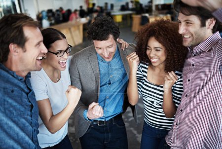 Photo for Teamwork, success or excited business people in celebration of sales goals, winning victory or target. Winner, motivation or happy employees celebrating deal or achievement together in office. - Royalty Free Image