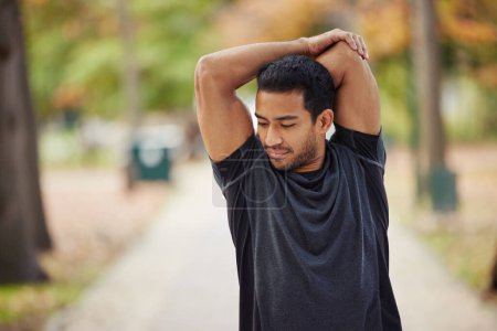 Photo for Asian man, stretching arms and fitness in park getting ready for running, workout or exercise outdoors. Male person, athlete or runner in warm up arm stretch, training or run for exercising in nature. - Royalty Free Image