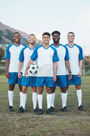 Photo for Team, soccer ball and portrait of sports group on field for fitness training or game outdoor. Football player, club and diversity athlete people smile for sport competition, motivation or challenge. - Royalty Free Image