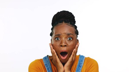 Photo for Face, surprise and black woman with shock, surprised and girl isolated on white studio background. Portrait, African American female and lady with shocked facial expression, news and announcement wit. - Royalty Free Image