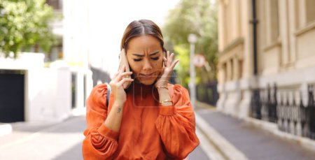 Photo for Business women, phone call and smile for conversation, discussion or talk on Urban adventure. happy businesswomen talking on smartphone and losing signal on outdoors. - Royalty Free Image