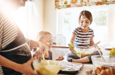Photo for Mother, playing or happy kids baking in kitchen as a happy family with playful young siblings with flour. Dirty, messy or funny mom helping, cooking or teaching girls to bake for learning at home. - Royalty Free Image