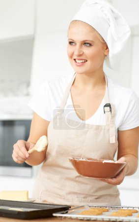 Photo for Happy woman, thinking or chef baking cookies with dough or pastry in a bakery kitchen with recipe. Food business, ideas or girl baker working in preparation of a sweet meal, dessert tray or biscuit. - Royalty Free Image