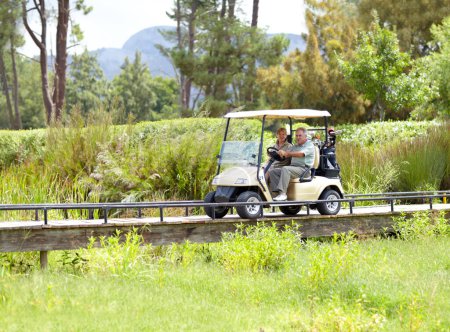 Photo for Golf cart, old couple or golfers driving on field in fitness workout or exercise on green course together. Mature male driver, senior woman golfing or people training in sports game in retirement. - Royalty Free Image