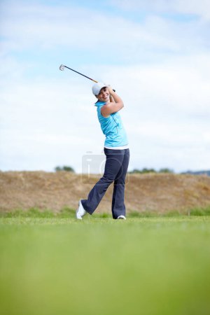 Photo for Portrait, happy woman or swing playing golf for fitness, workout or exercise on course or grass. Smile, girl golfing or golfer training in action or sports game driving with a club stroke on field. - Royalty Free Image