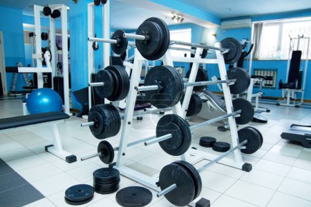 Photo for Barbell rack, gym interior and fitness with equipment for wellness, healthy bodybuilding or training. Exercise, workout or health club with metal weights on shelf, strong body development and sports. - Royalty Free Image